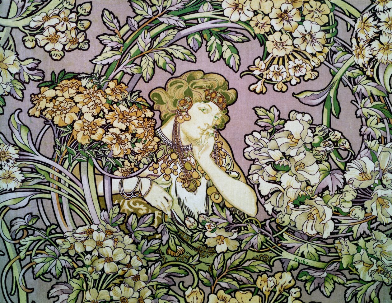 Kvinne blant blomster, ca. 1900 (litografi på silkefløyel) av Alphonse Marie Mucha