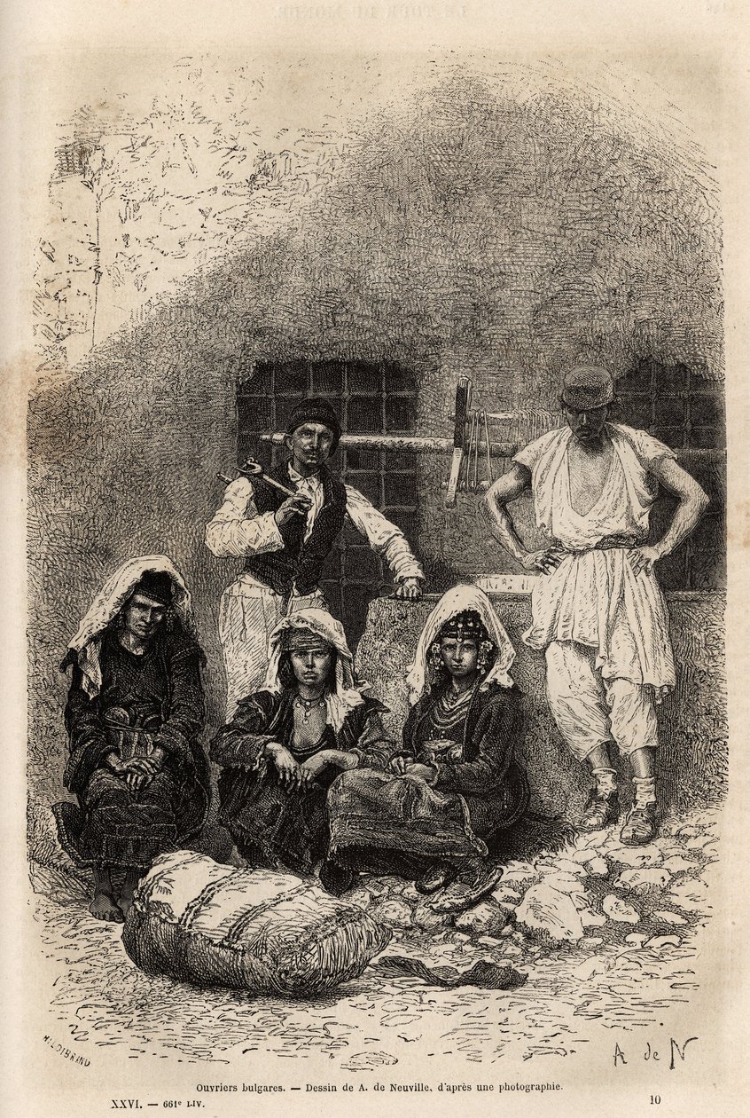 Bulgarske arbeidere, nær Sophia, graverer etter tegningen av A. De Neuville, illustrerer reisen til Bulgaria, av Guillaume Lejean, i 1867, utgitt i "" Le tour du monde"" 1873, redigert av Edouard Charton, Hachette-utgaven, Paris . Selva samling av Alphonse Marie de Neuville