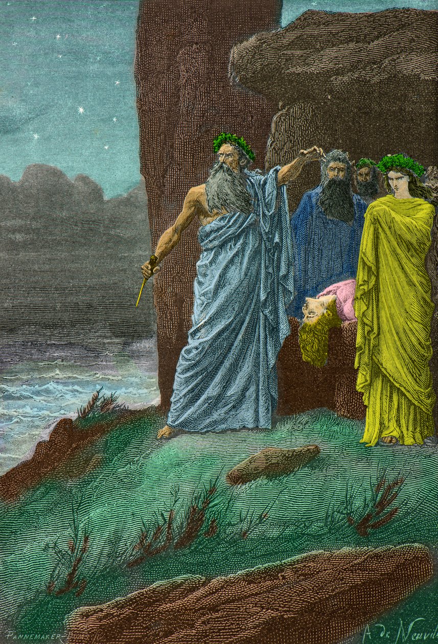 Seremoni for et menneskeofring utført av druidene i Gallia (gravering) av Alphonse Marie de Neuville