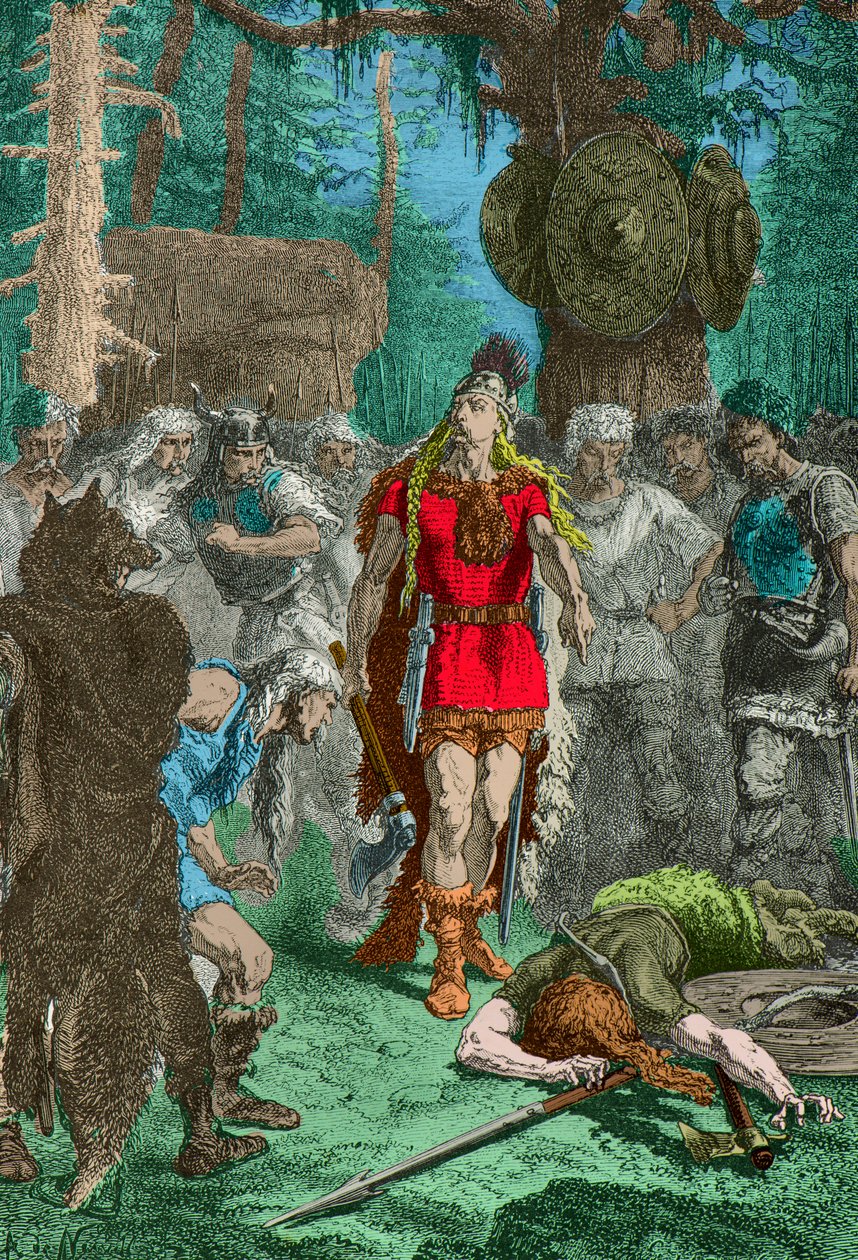 Klodvig foran krigeren han nettopp har drept etter vasefornærmelsen i Soissons (gravering) av Alphonse Marie de Neuville