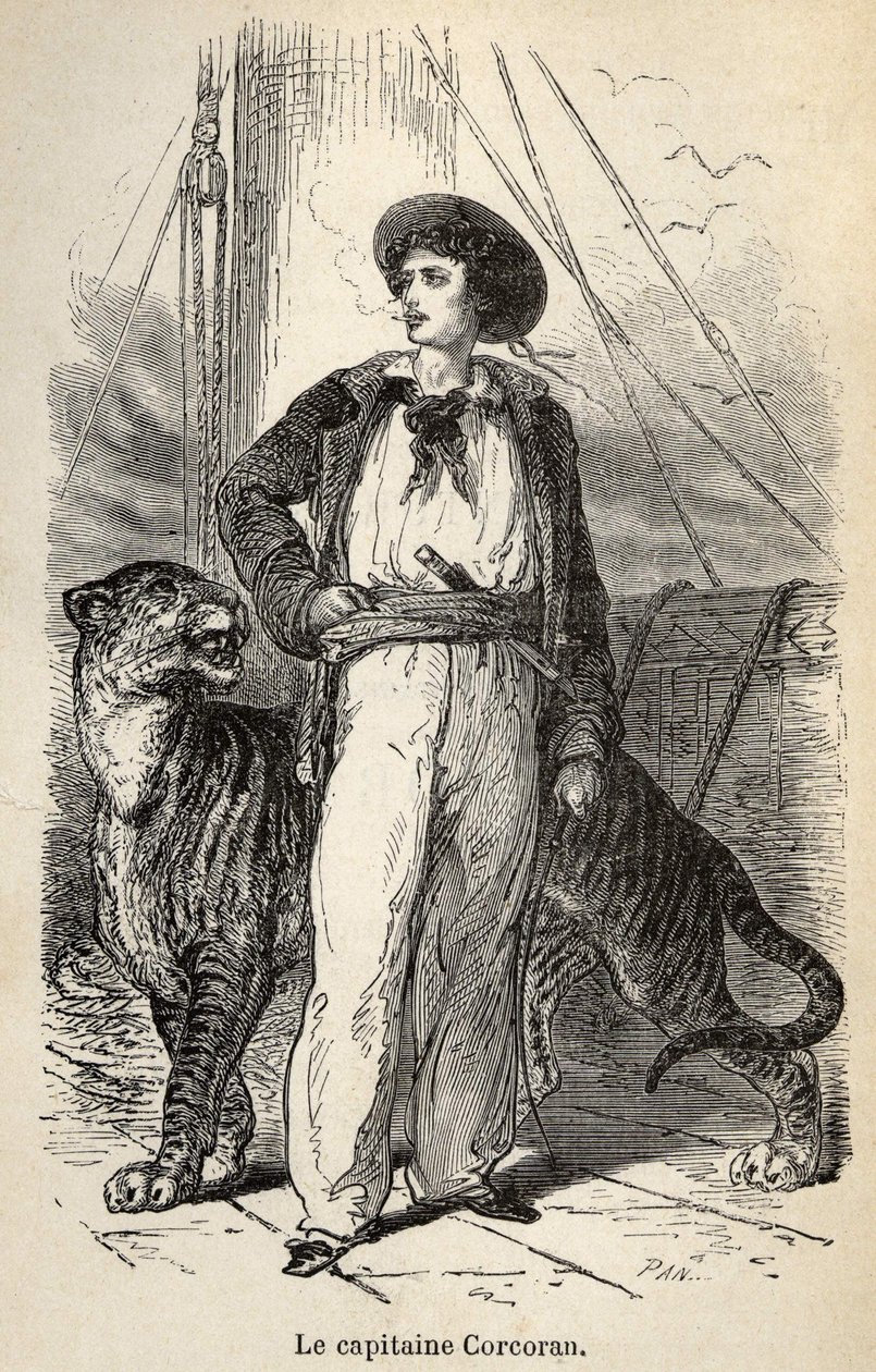 Illustrasjon av "" Wonderful but authentic Adventures of Captain Corcoran"" av Alfred Assollant, illustrert med 25 vignetter tegnet på tre av A. de Neuville, Librairie Hachette et Cie i Paris av Alphonse Marie de Neuville
