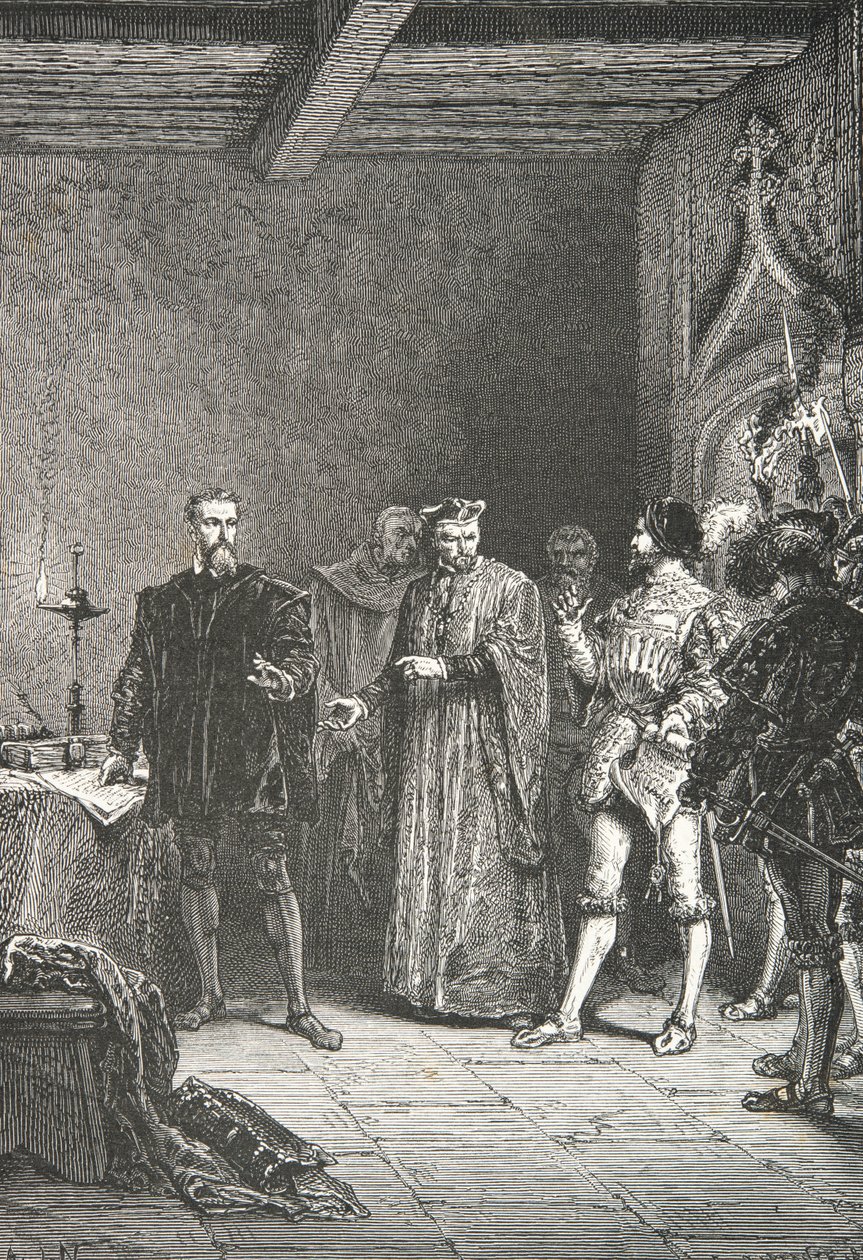 Jean de La Barre informerer Louis de Berquin om løslatelsen fra conciergeriet (gravering) av Alphonse Marie de Neuville