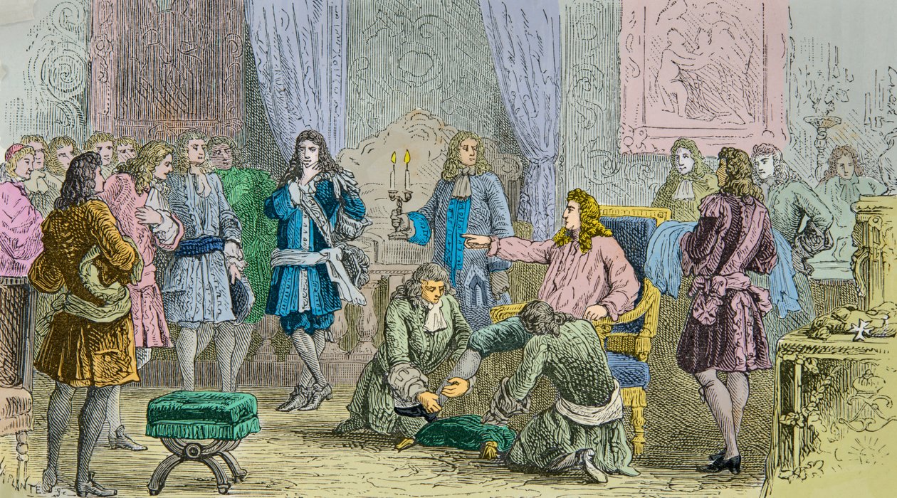Ludvig XIVs oppstand i nærvær av hoffmennene (gravering) av Alphonse Marie de Neuville