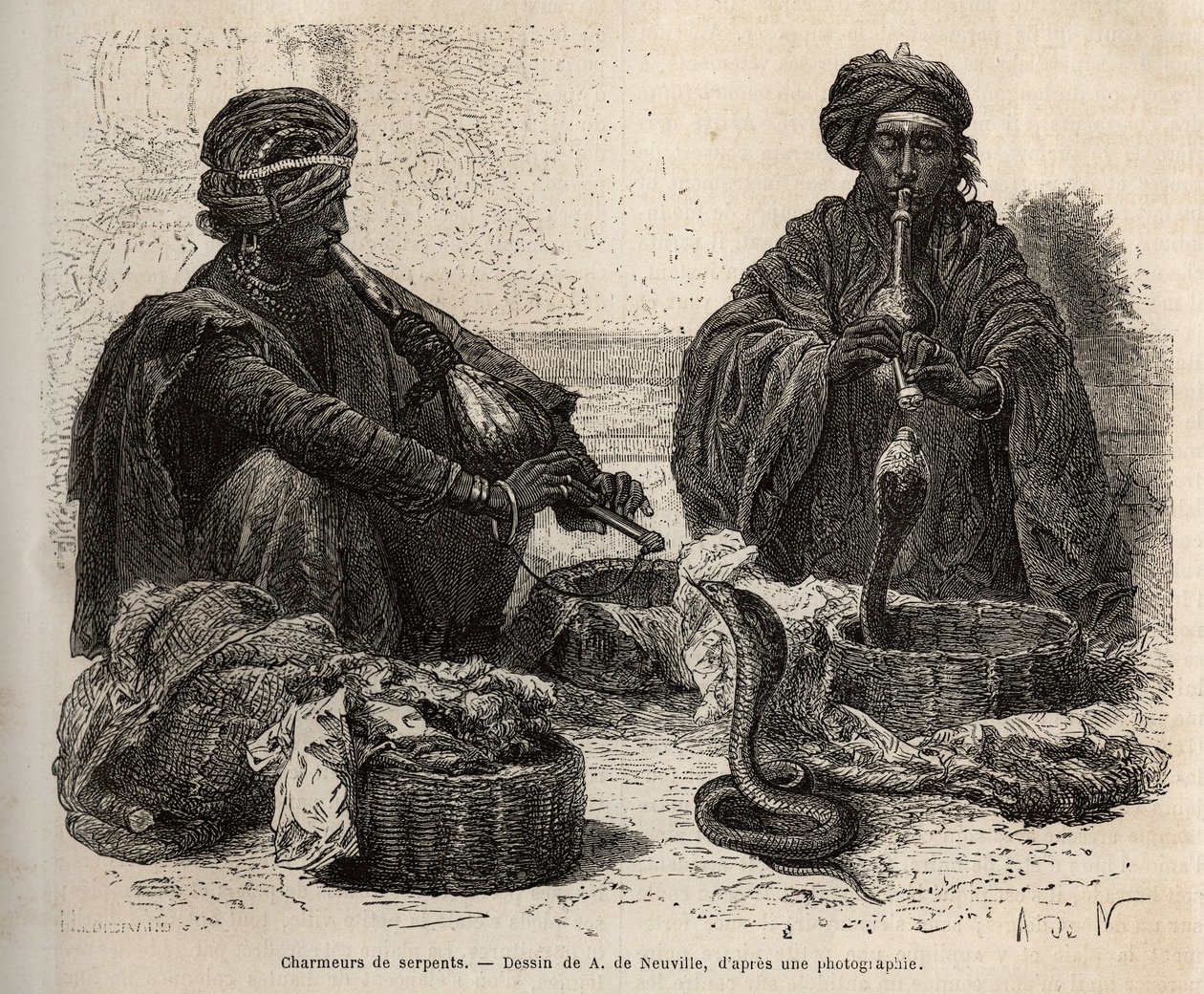 Les charmeurs de serpents, som handler med krypdyr, som de tiltrekker seg ved å blåse i toumril (fløyte), gravering etter tegningen av A. de Neuville, som illustrerer reisen til India av Rajahs, i 1864-1868, av Louis Rousselet, utgitt i "" Le tou av Alphonse Marie de Neuville