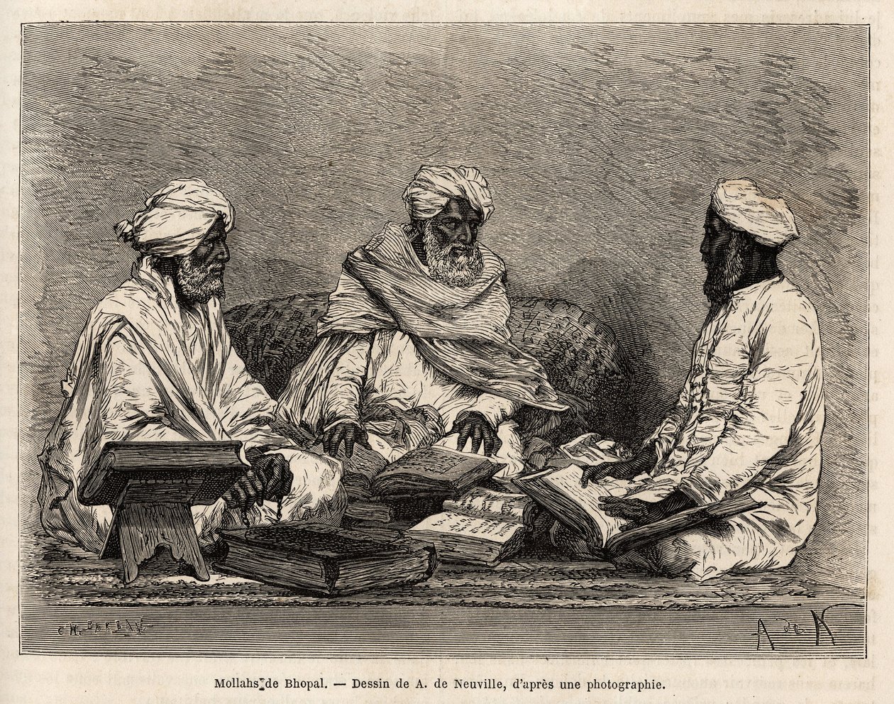 Les mullahs de la moské de Bhopal, i full diskusjon av de omstridte punktene i den muslimske religionen, gravering etter tegningen av A. de Neuville, som illustrerer reisen i India av Rajahs, i 1864-1868, av Louis Rousselet, publisert i "" Le til av Alphonse Marie de Neuville