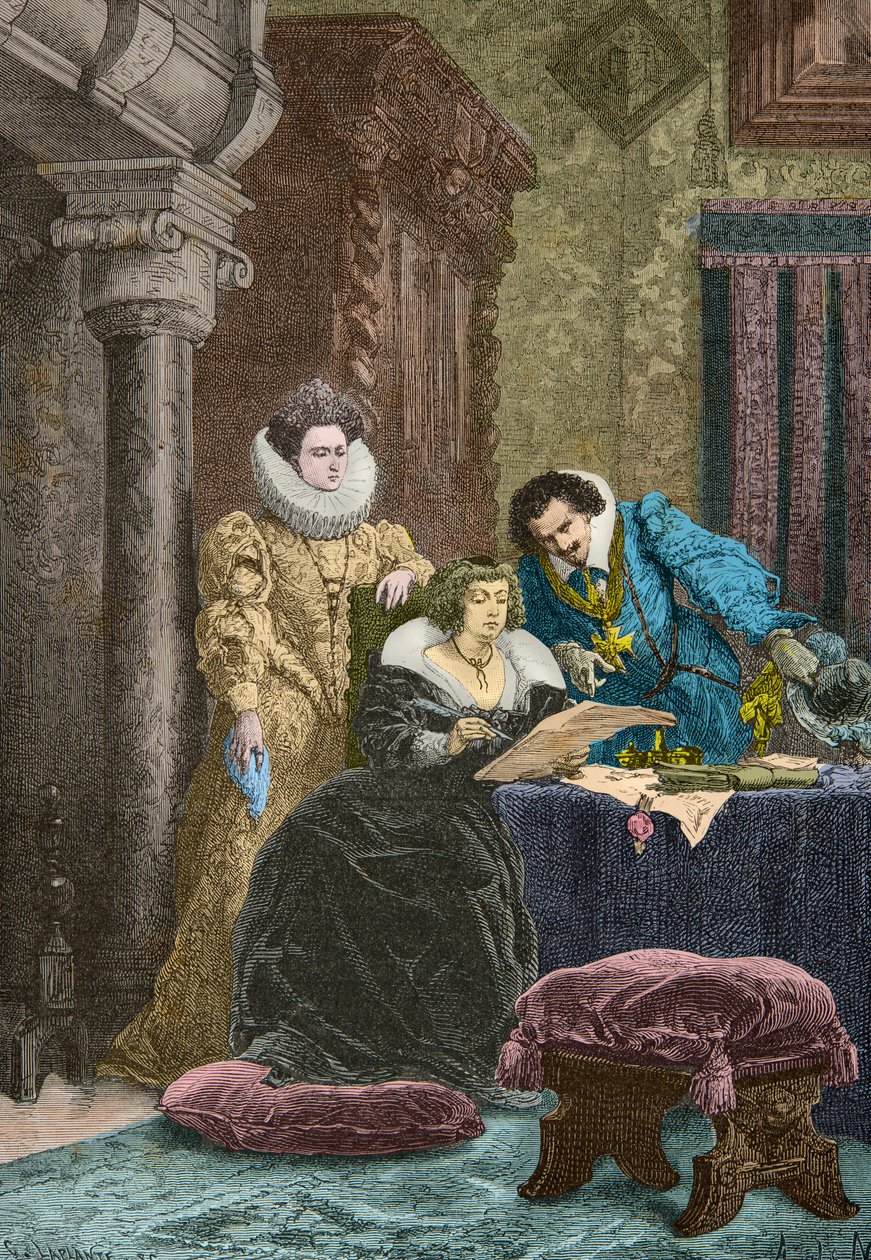 Marie de Medici under påvirkning av Concino Concini og Leonora Dori (gravering) av Alphonse Marie de Neuville