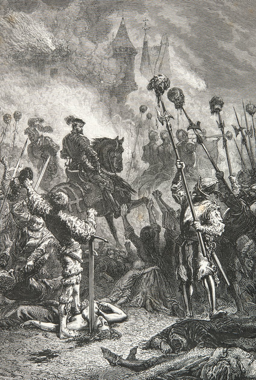 Massakren av Vaudois i Luberon i 1545 av Antoine Escalin des Almars (gravering) av Alphonse Marie de Neuville