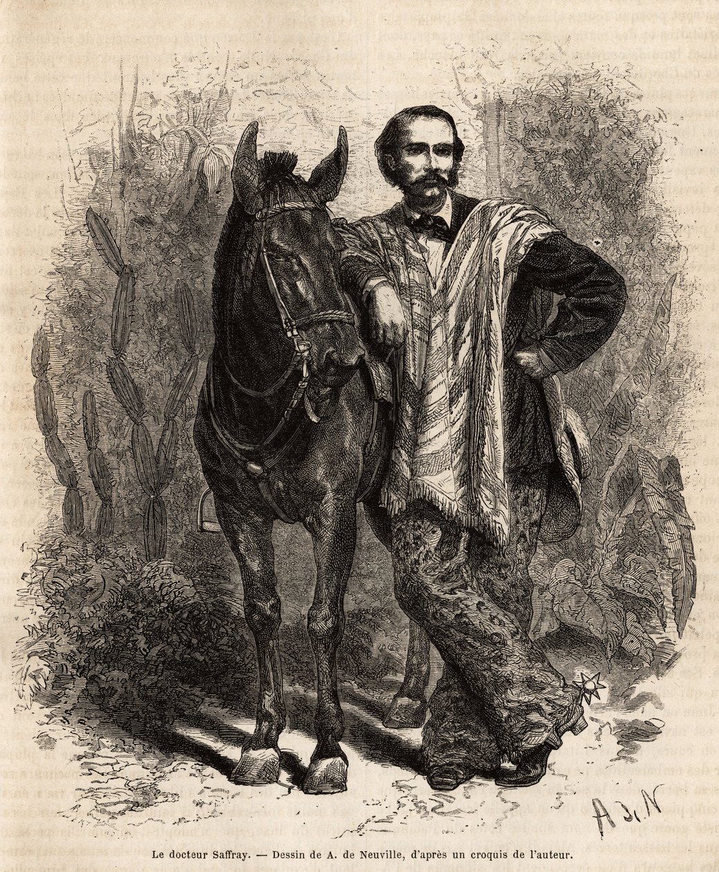 Portrett av Dr. Saffray, armene på fjellet, i reisedrakt, gravering etter tegningen av A. de Neuville, som illustrerer reisen til New Granada, av Dr. Saffray, i 1869, publisert i "" Le tour du monde"" ” 1873, redigert av Edouard Charton, Hachette editi av Alphonse Marie de Neuville