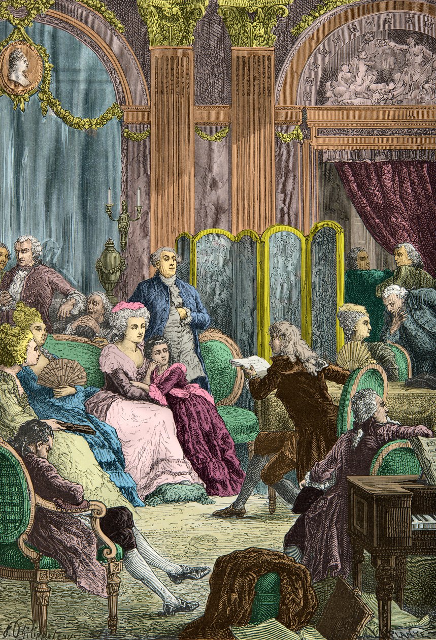 Lesing av Paul et Virginie av Bernardin de Saint Pierre i Madame Neckers salonger i Paris (gravering) av Alphonse Marie de Neuville
