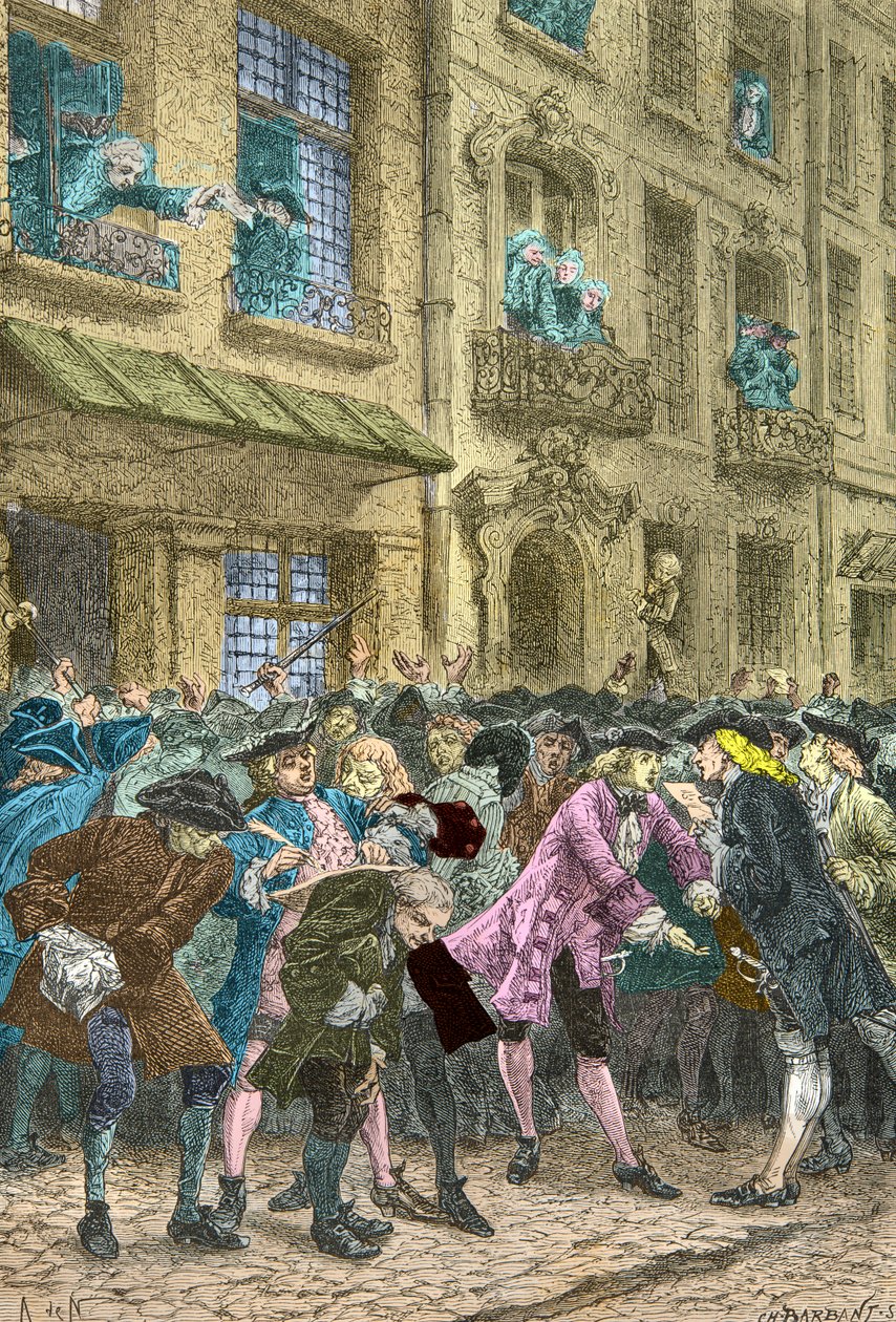 Rue Quincampoix, der spekulanter møtes, cirka 1720 (gravering) av Alphonse Marie de Neuville