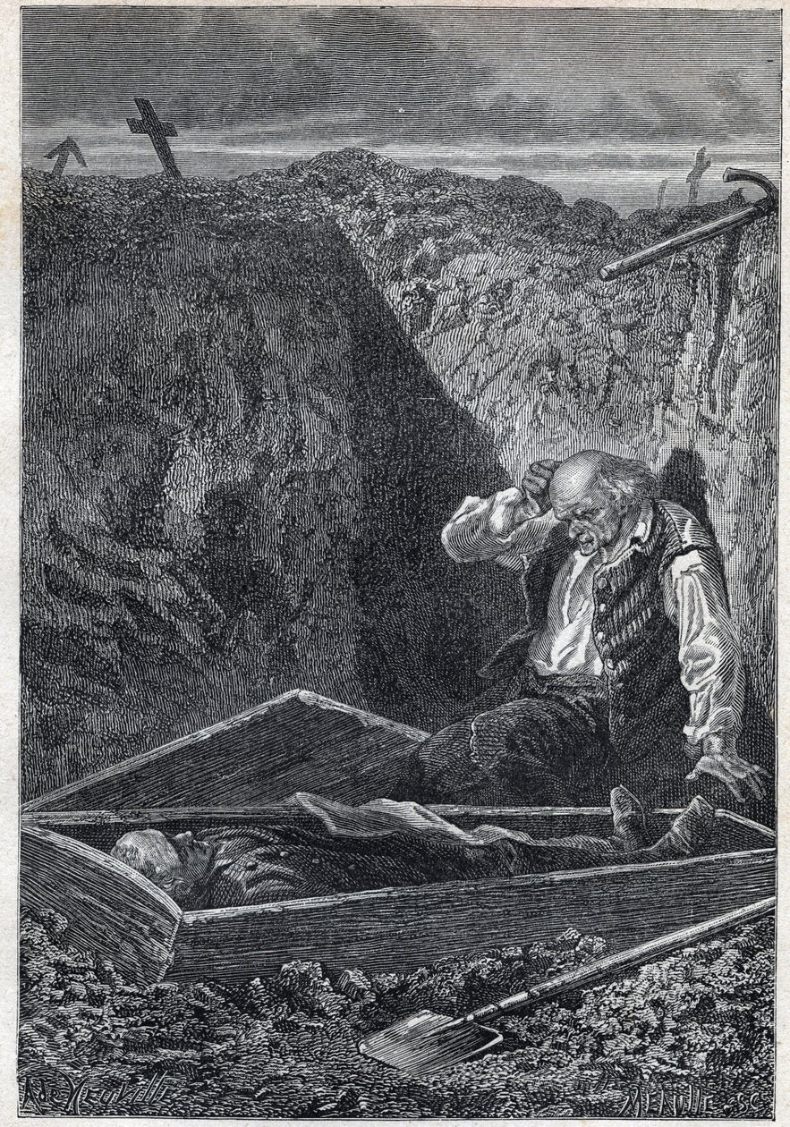 Kirkegårdene tar det de får - Illustrasjon av Alphonse De Neuville (1835-1885) for "Les miserables - Second part: Cosette" av Victor Hugo (1802-1885) 1862 av Alphonse Marie de Neuville