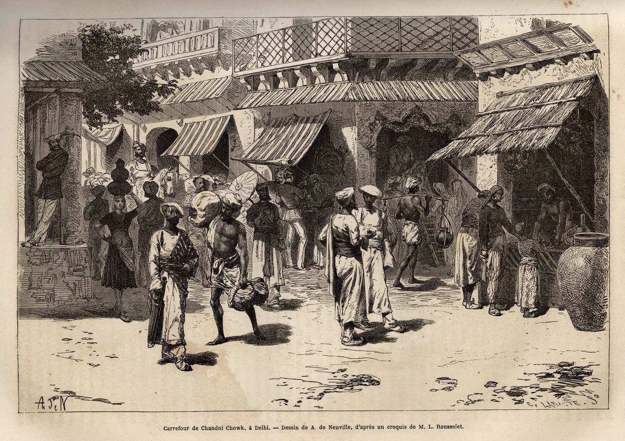 Korsveien til Chandni chowk, gaten til gullormer, hovedåren for kommersielle og håndverksaktiviteter, som krysser Dehli fra den store porten til palasset til porten til Lahore, gravering etter tegningen av A. de Neuville, som illustrerer reisen av Alphonse Marie de Neuville