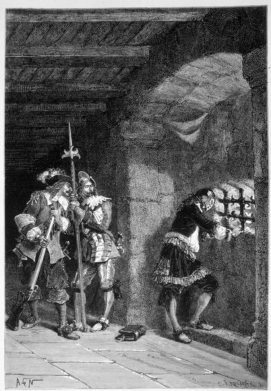 Jernmasken i cellen hans i fengselet til øya Saint Marguerite - i "" Histoire de France"" av Guizot, gravering av De Neuville av Alphonse Marie de Neuville