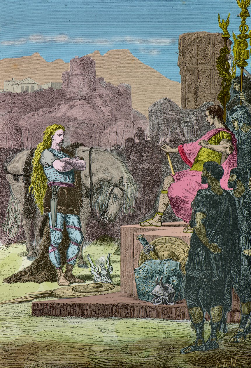 Vercingetorix overgir seg til Julius Cæsar etter nederlaget ved Alesia i 52 f.Kr. (gravering) av Alphonse Marie de Neuville