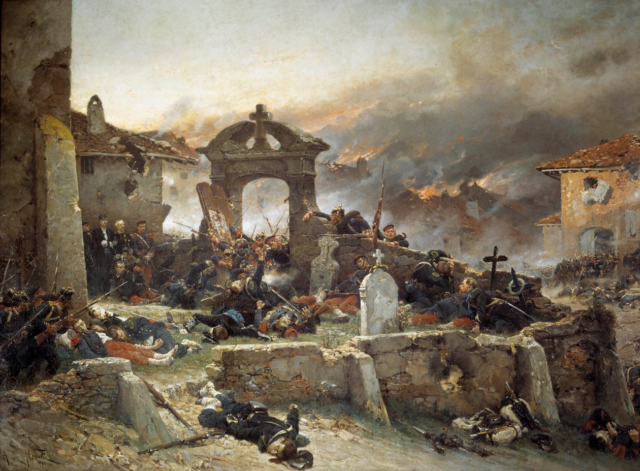 Krigen i 1870: "" Kirkegården til Saint Privas, 18. august av Alphonse Marie de Neuville
