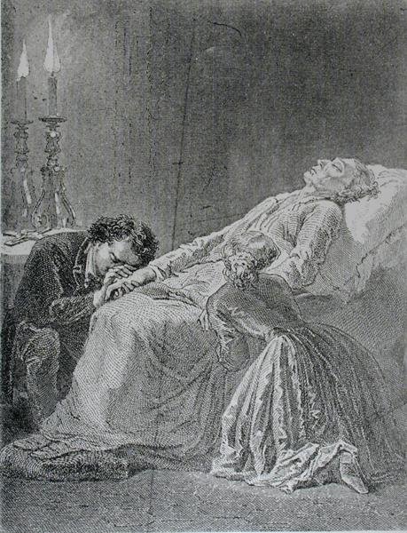 The Death of Jean Valjean, illustrasjon fra Les Miserables av Victor Hugo (1802-85) av Alphonse Marie de after Neuville