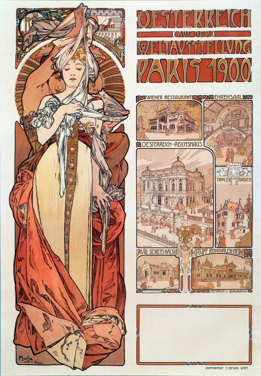 Reklameplakat av Alphonse Mucha (1860-1939) for Østerrike representert på verdensutstillingen i Paris 1900 - Dim 68x98,5 cm Reklameplakat av Alphonse Mucha for "" Austria"" på utstillingen av Alphonse Mucha