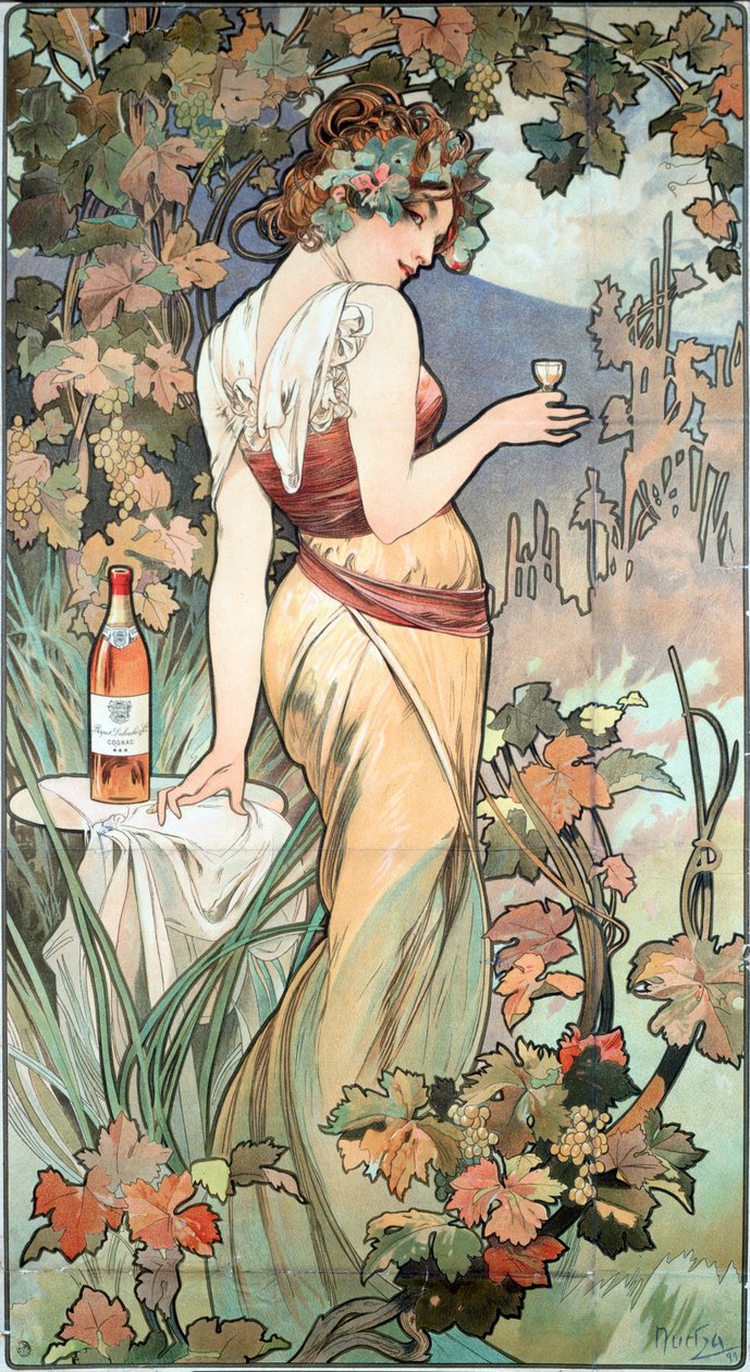 Reklameplakat av Alphonse Mucha (1860-1939) for Cognac Bisquit, Dubouche, 1899 - Reklameplakat av Alphonse Mucha for "Cognac Bisquit, Dubouche" , 1899 Sun 61x32 cm Privat samling av Alphonse Mucha