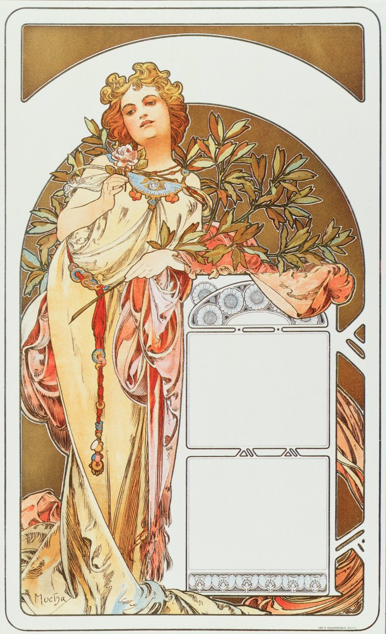 Reklameplakat av Alphonse Mucha (1860-1939) for kalenderen 1898 - Dim 31x51 cm Reklameplakat av Alphonse Mucha for kalender, 1898 - Privat samling av Alphonse Mucha