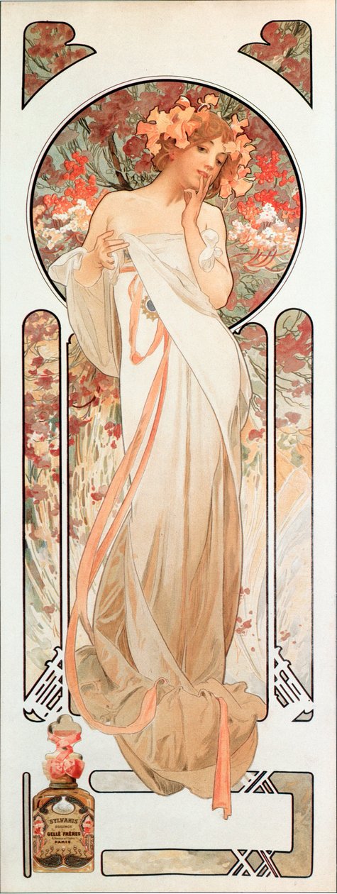 Reklameplakat av Alphonse Mucha (1860-1939) for duften "Sylvanis essence" 1899 - Dim 21x61 cm Reklameplakat av Alphonse Mucha for parfymen "" Sylvanis essence "" 1899 - Privat kol. av Alphonse Mucha