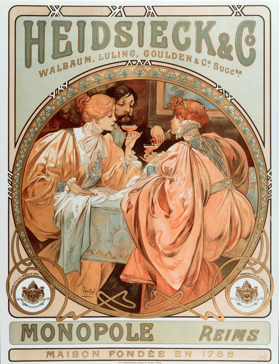 Reklameplakat for "" Heidsieck og co "" Maison de Champagne Charles Heidsieck, litografi av Alphonse Mucha (1860-1939) 1901 - Reklameplakat for Heidsieck Champagne Company, 1901 - Søn 49x av Alphonse Mucha