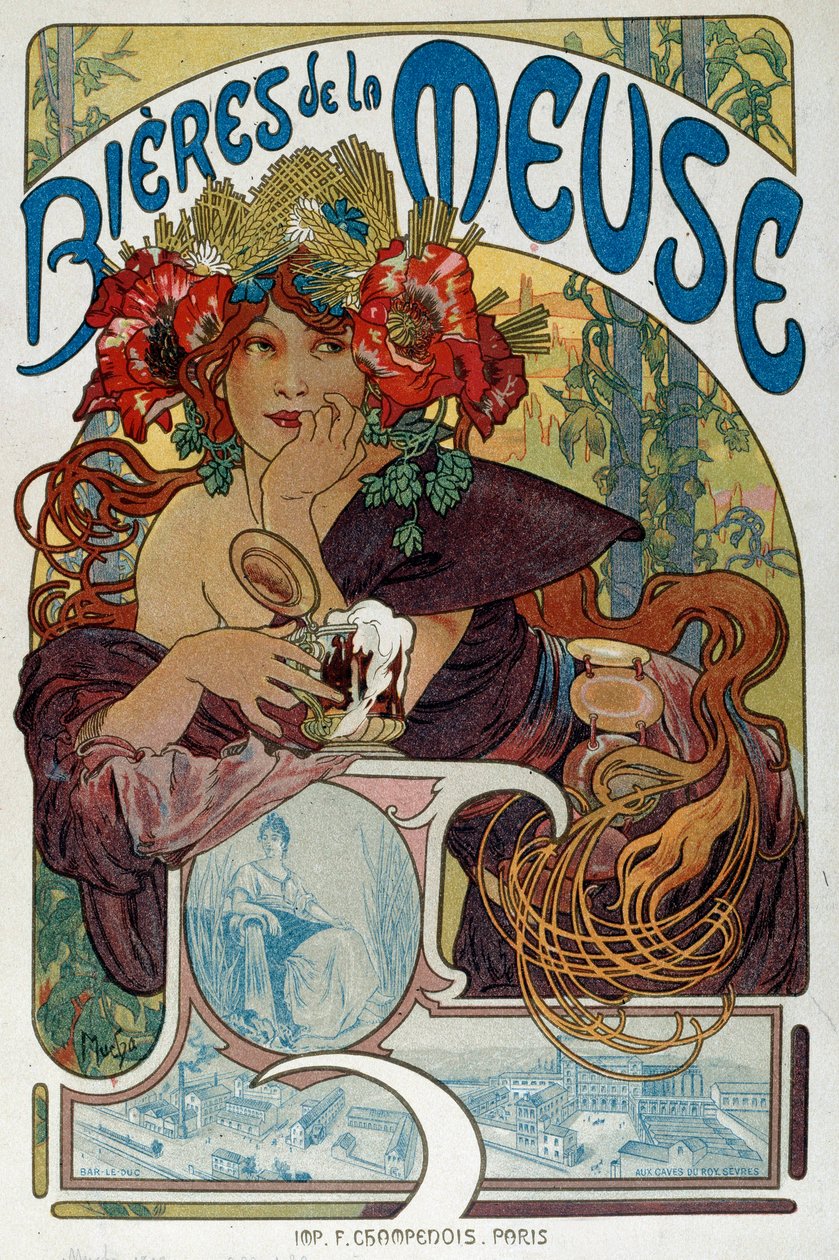 Reklameplakat for "" Les bieres de la Meuse"" illustrert av Alphonse Mucha (1860-1939) 1898 Paris, dekorativ kunst av Alphonse Mucha