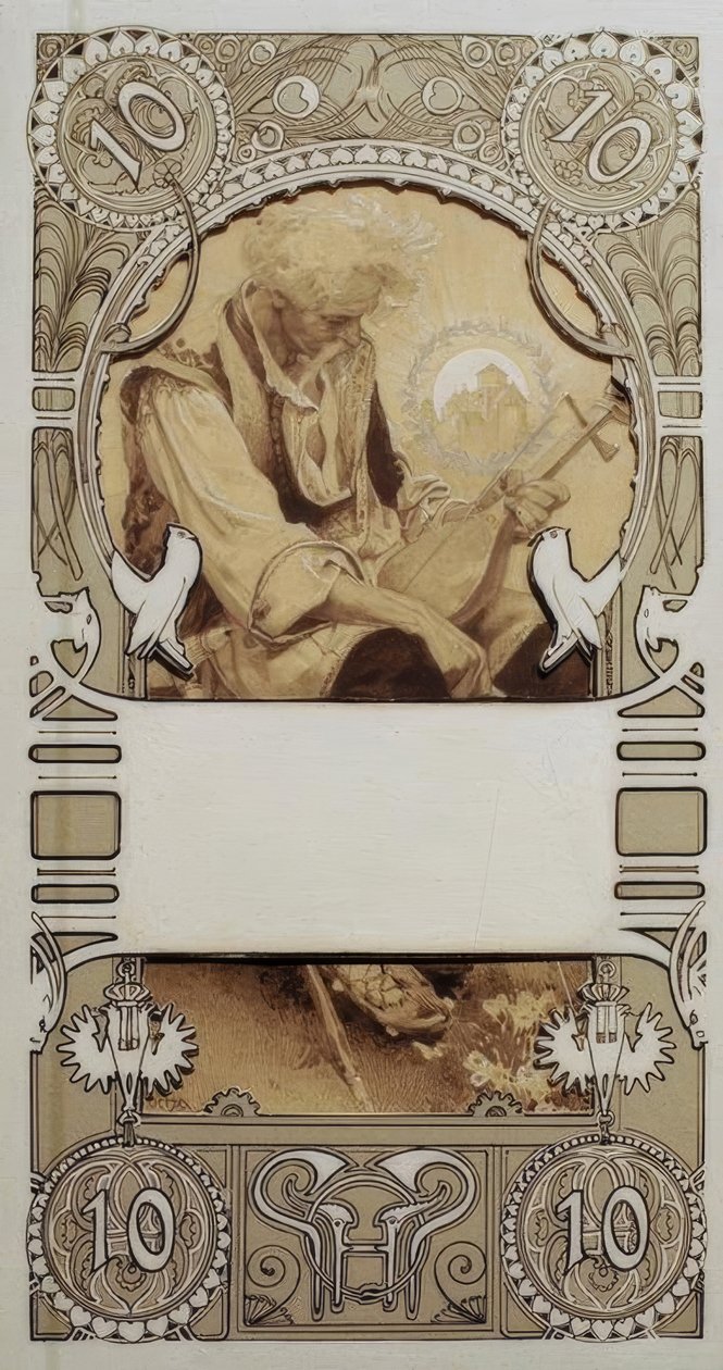 Frimerkedesign i to deler av Alphonse Mucha