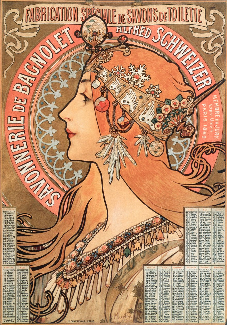 Årets kalenderside 1898 dekorert av en reklameillustrasjon av Alphonse Mucha (1860-1939) for såpeselskapet Savonnerie de Bagnolet Alfred Schweizer - Reklameillustrasjon av Alphons ( av Alphonse Mucha