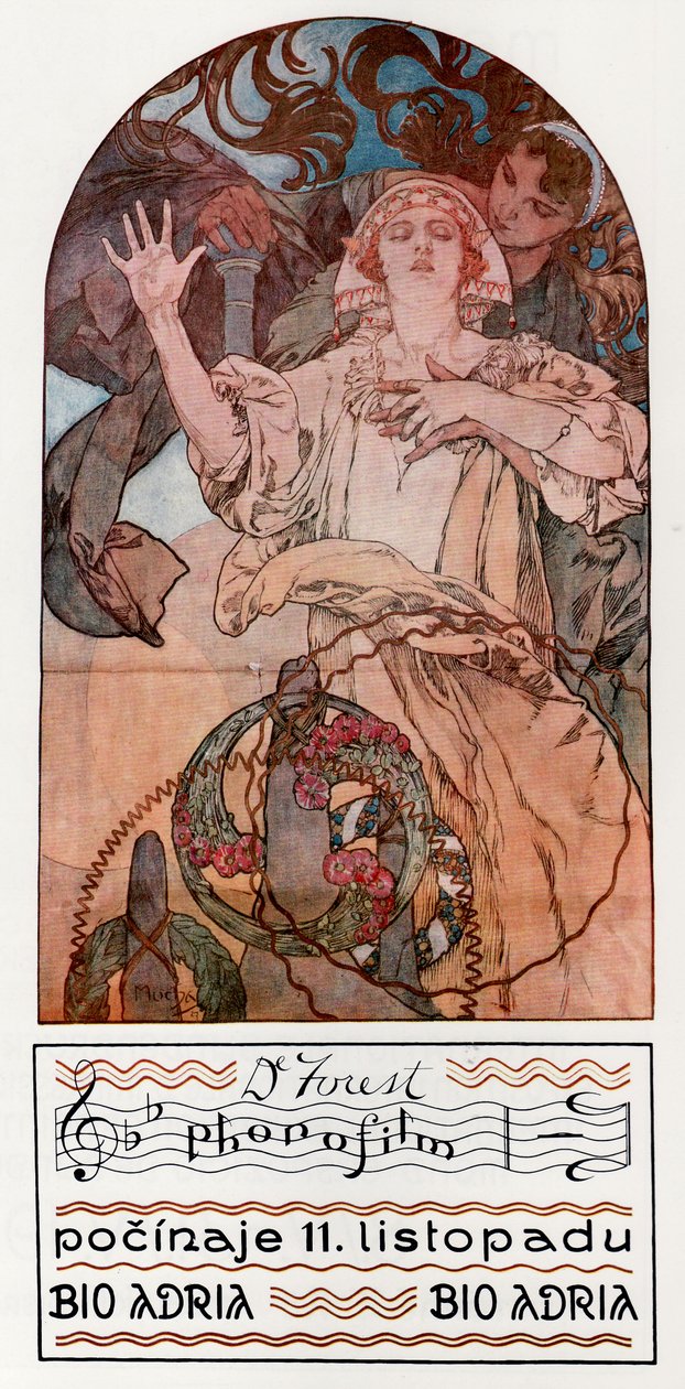 DeForest Phonofilm. Presentasjon av en av de første musikalske lydfilmene ved Adria i Praha, 1927 av Alphonse Mucha