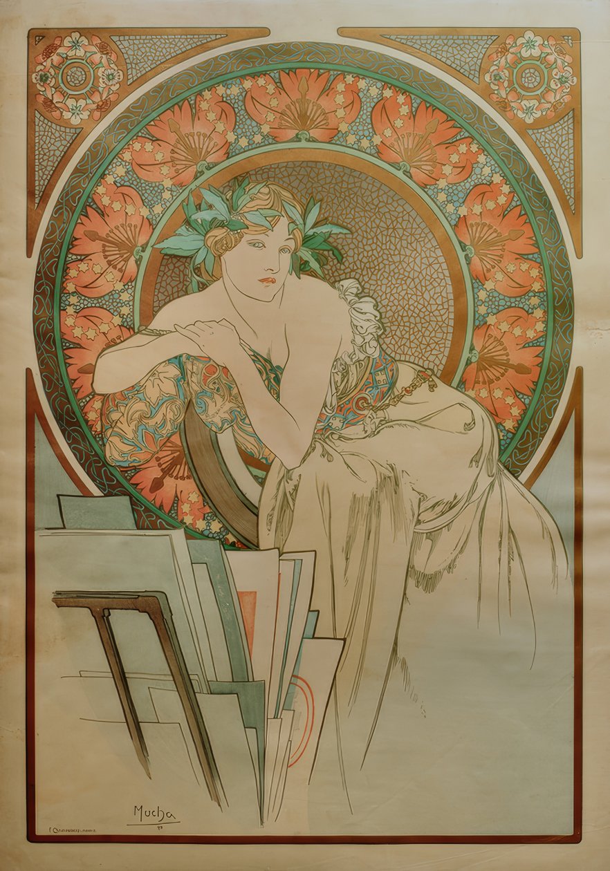 Kvinne med valmuer og grafisk portefølje av Alphonse Mucha