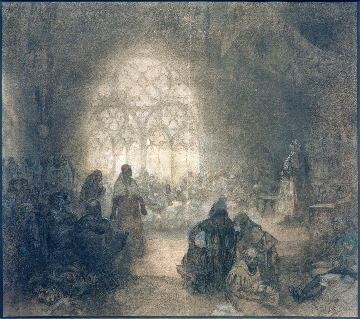 Georg von Podebrad u. Papstlegat F. de Valle, 1462 av Alphonse Mucha