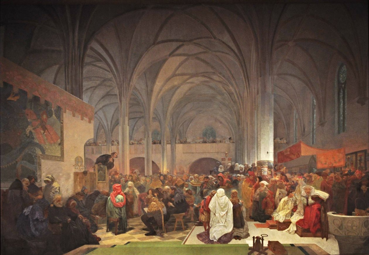 Mester Jan Hus Prediker ved Betlehemskapellet Syklusen Det slaviske epos av Alphonse Mucha