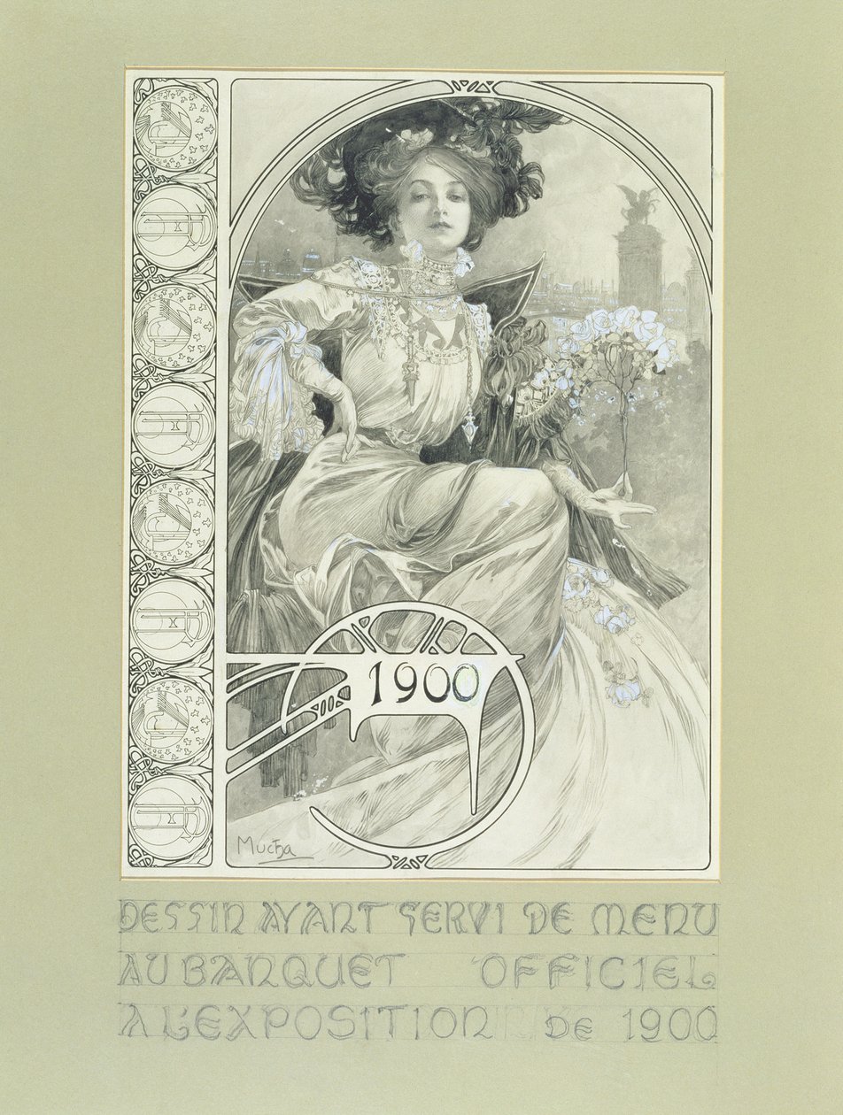 Offisiell bankett for Paris internasjonale utstilling 1900. Design for menyen. av Alphonse Mucha
