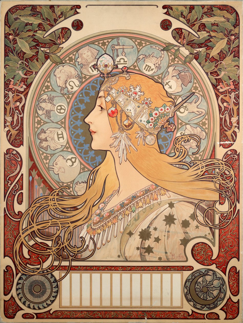 Plakat av Alphonse Mucha (1860-1939) for magasinet "La plume", 1896 - Plakatillustrasjon av Alphonse Mucha (1860-1939) for "La plume"" anmeldelse, 1896 (Dim 65x48 cm) - Privat samling av Alphonse Mucha