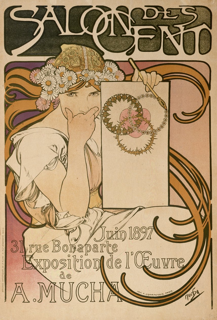 Plakat for Alphonse Muchas utstilling i Salon des Cent, Paris, Frankrike, 1897 av Alphonse Mucha