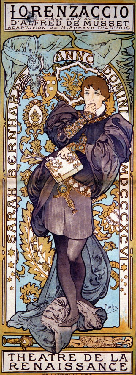 Plakat for Lorenzaccio Alfred de Musset, med Sarah Bernhardt, Paris, 1896 av Alphonse Mucha