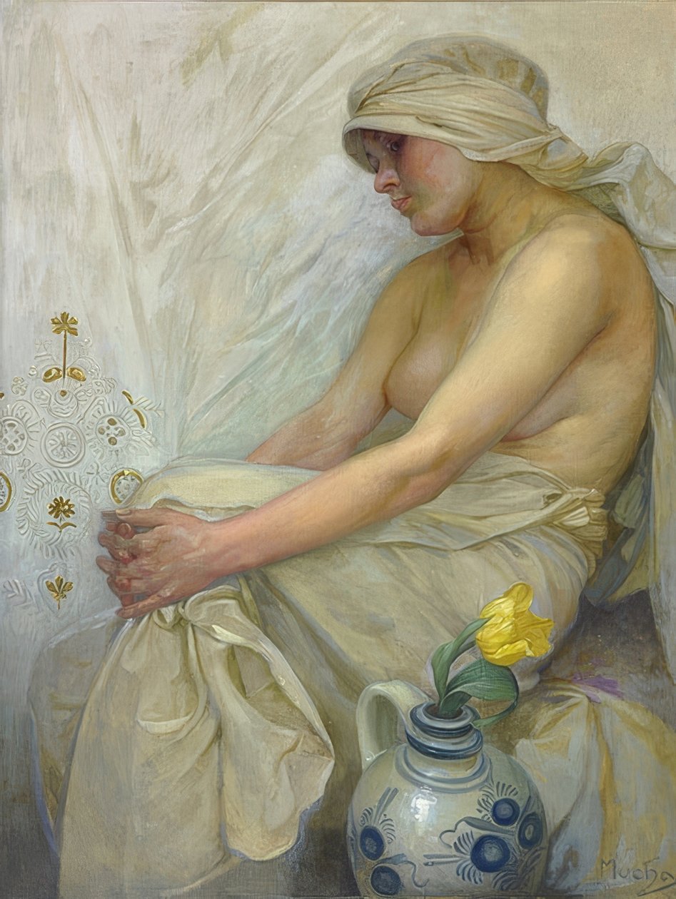 Sittende jente. Rundt 1914 av Alphonse Mucha
