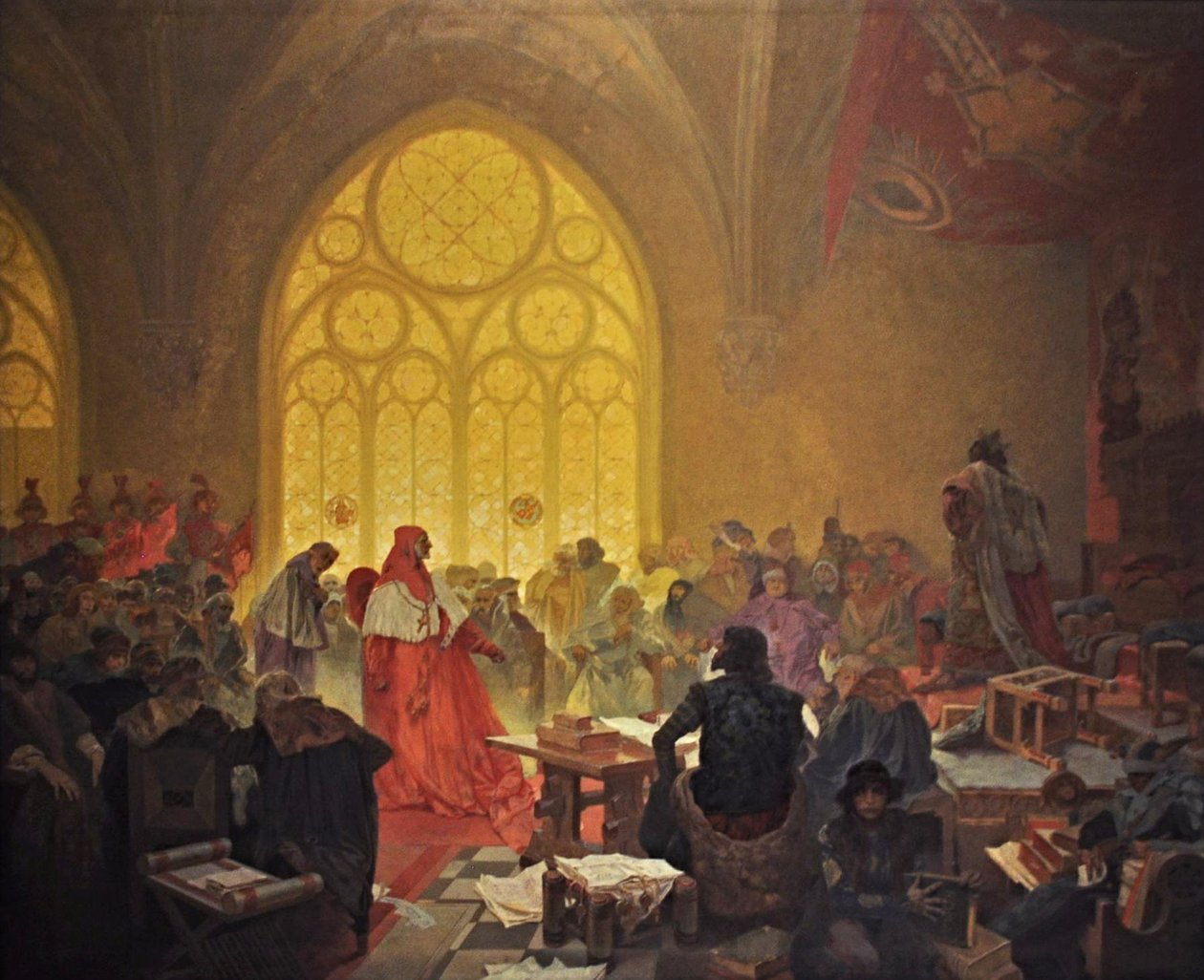 Hussittkongen George av Podebrady Syklusen Det slaviske epos av Alphonse Mucha