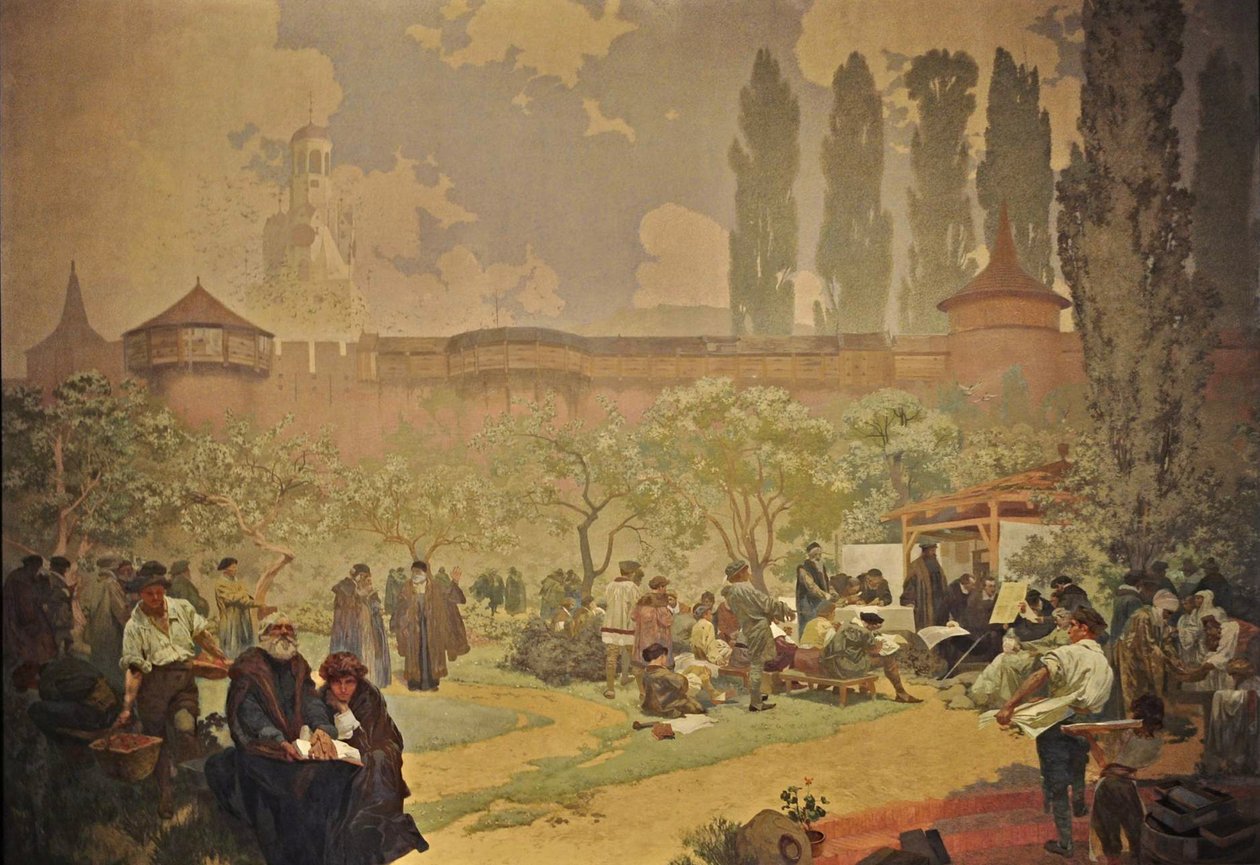 Trykkingen av Bibelen til Kralice i Ivancice Syklusen Det slaviske epos av Alphonse Mucha