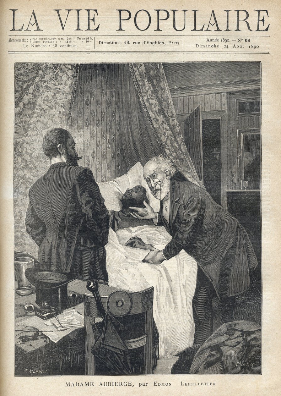 Two men lean over a bed to see a man