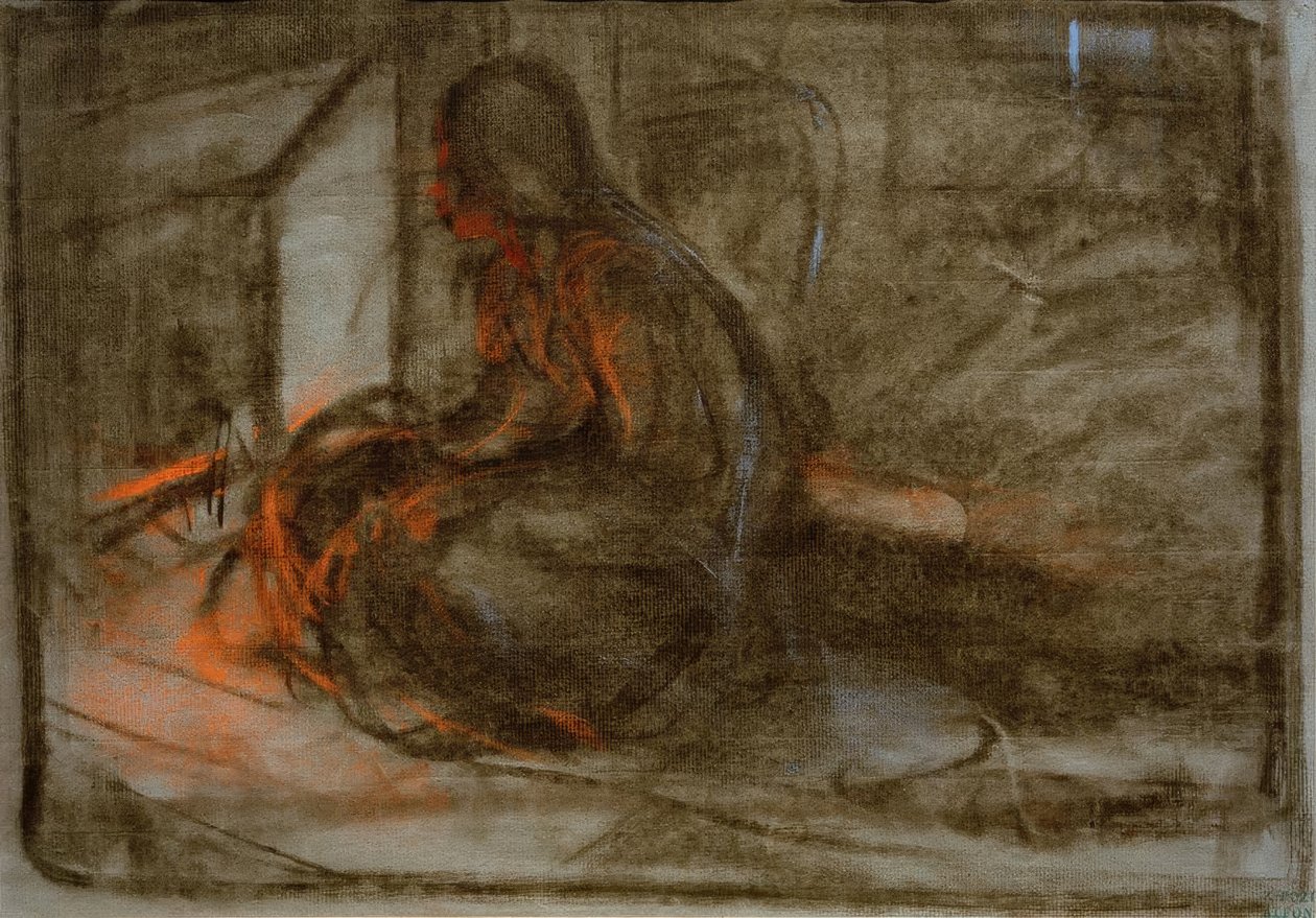 Kvinne satt foran bålet av Alphonse Mucha