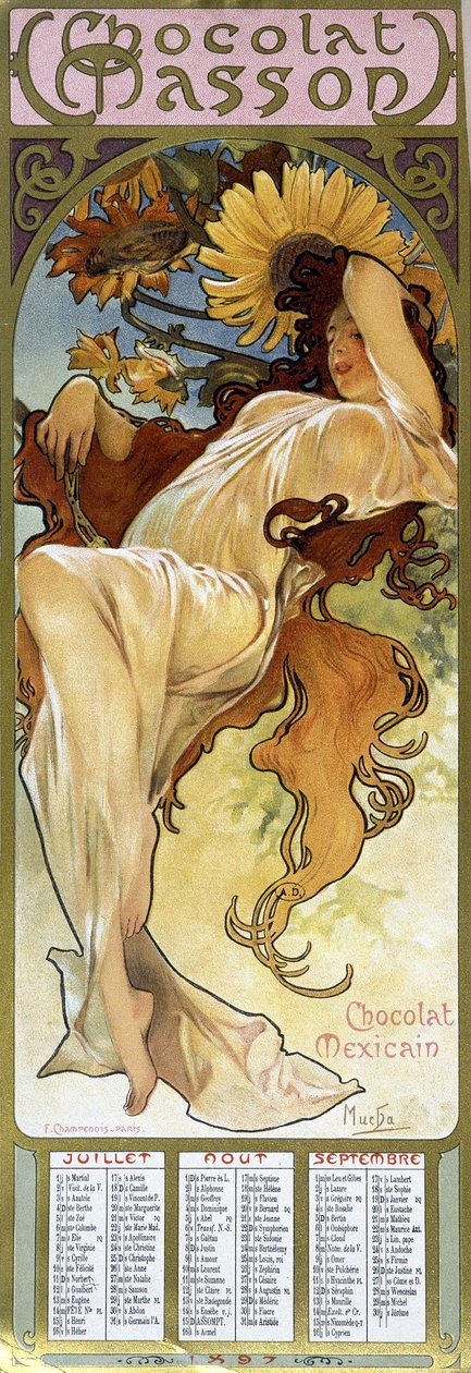 Kvinne i høsthumør - av Mucha, kalender "" Chocolat Mexicain Chocolat Masson", juli, august, september 1897. av Alphonse Mucha