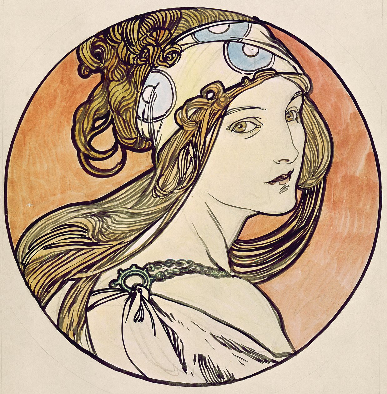Kvinne med hodeskjerf av Alphonse Mucha