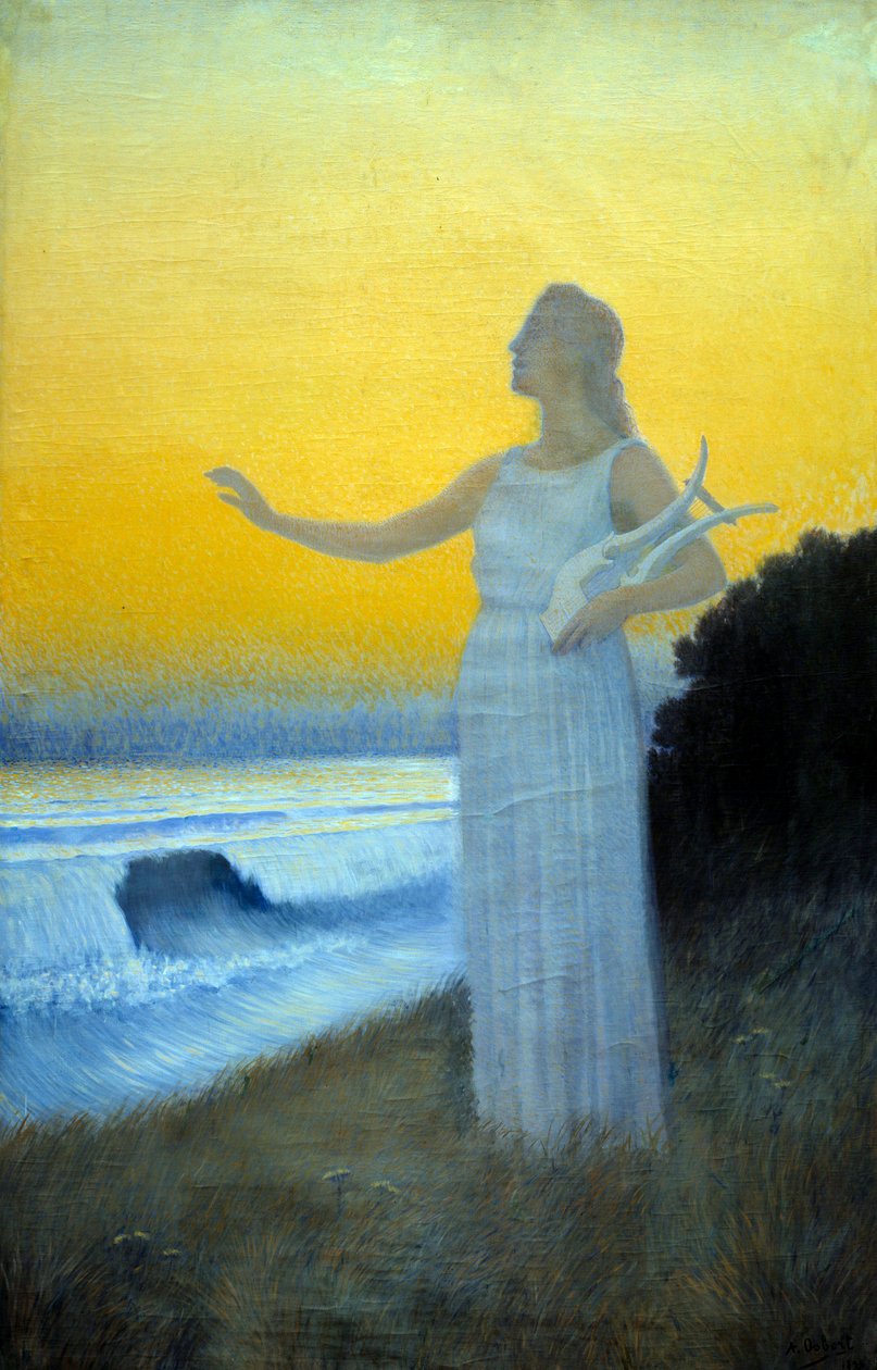 Anthem to the Sea Ung kvinne holder en lyre vendt mot havet. Karakter som fremkaller den greske poetinnen til Antiquite Sapho. Maleri av Alphonse Osbert (1857-1939) 1900 privat samling av Alphonse Osbert