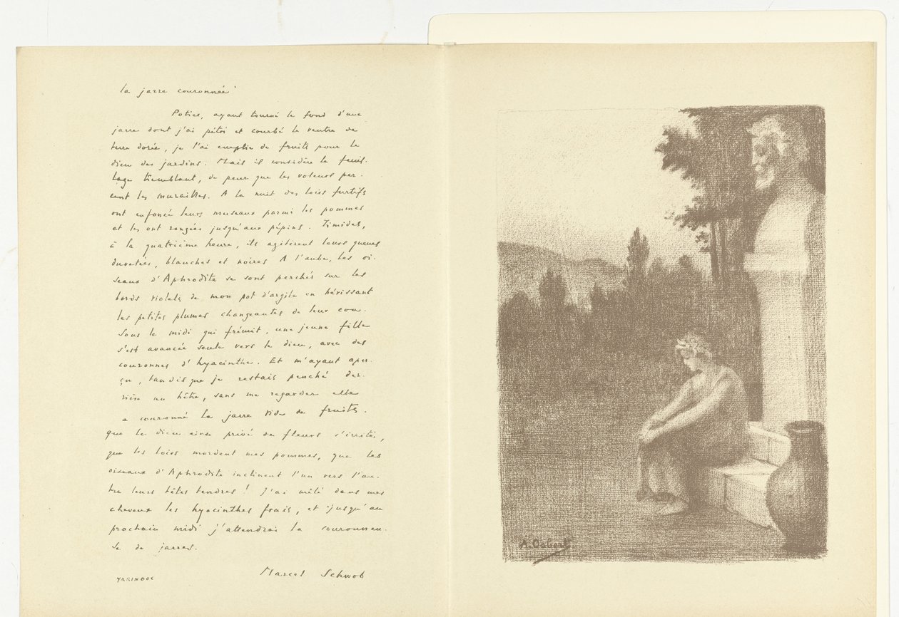 Illustrasjon med en kvinne som sitter nær en byste av en mann og en vannkanne med diktet La jarre couronnée av Marcel Schwob Illustrasjon for La jarre couronnée av Marcel Schwob L