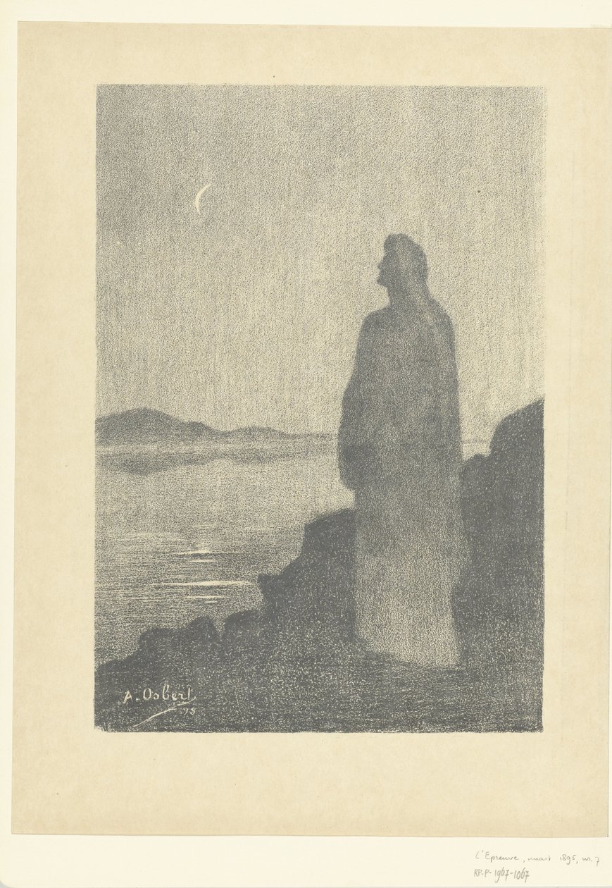 Stående kvinne ved vannkanten ser på månen Drøm om natten Rêverie dans la nuit L'Epreuve (serietittel) av Alphonse Osbert