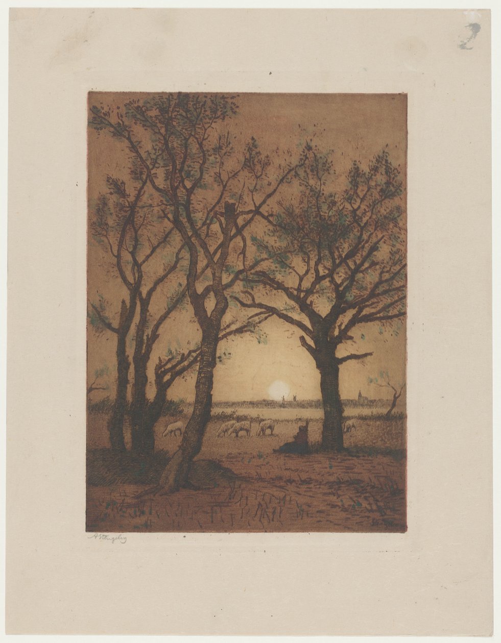 Landskap med sauer ved solnedgang Kveldslandskap med sauer i Drenthe av Alphonse Stengelin (signed by artist)