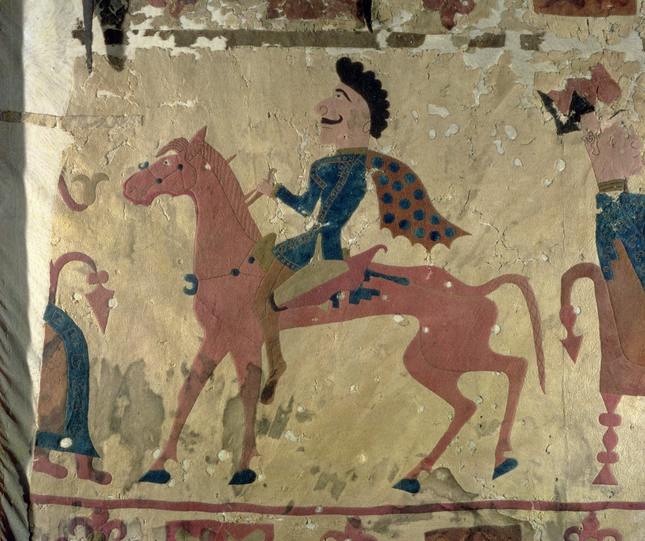 Teppe som viser en ridende kriger, fra Pazyryk-gravhaugene, 5.–4. århundre f.Kr. (tekstil) av Altaic School