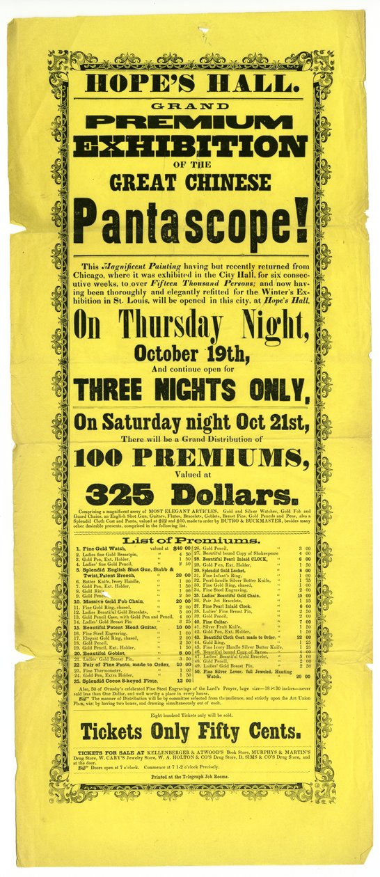 Broadside- Grand Premium-utstilling av Great Chinese Pantascope! av Alton Telegraph