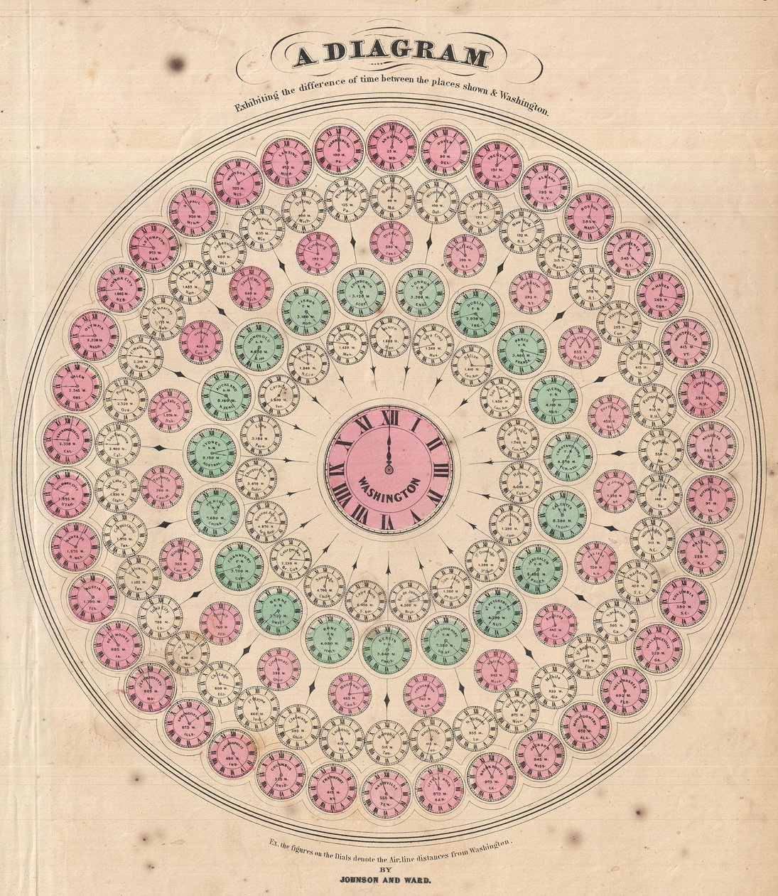 Et diagram som viser tidsforskjellen mellom stedene som vises og Washington av Alvin Jewett Johnson